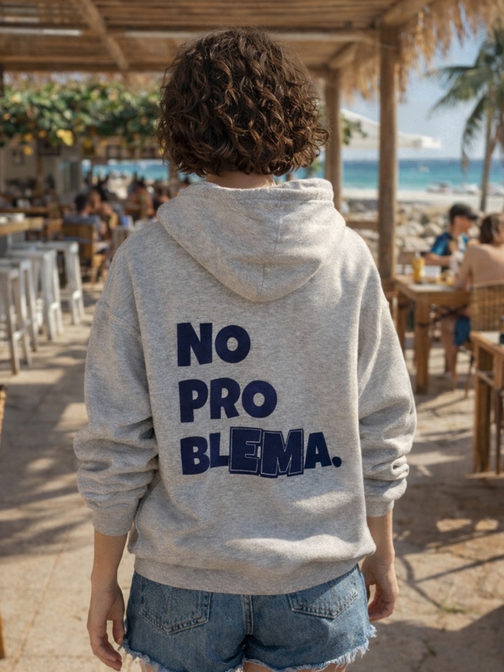 🌸Gray Hoodie with Navy 'NO PROBLEMA' fleece size M cozy Athleisure loungewear
